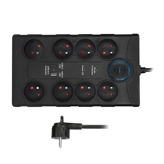 Solight prepäťová ochrana, 8z, USB A+C, 2m, čierna