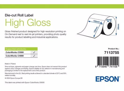Epson High Gloss Label, Die-Cut Roll, 102mm x 152mm, 210 Lab