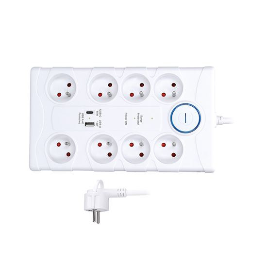 Solight prepäťová ochrana, 8z, USB A+C, 2m, biela