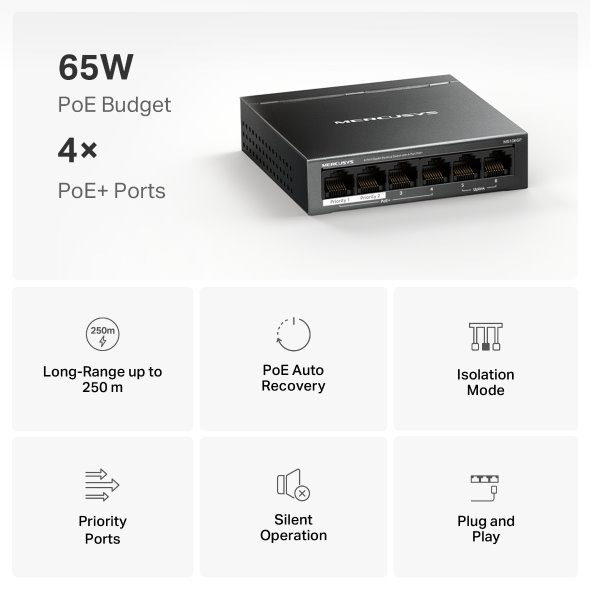 6-Port Gigabit Desktop Switch with 4-Port PoE+PORT: 4× Gigab