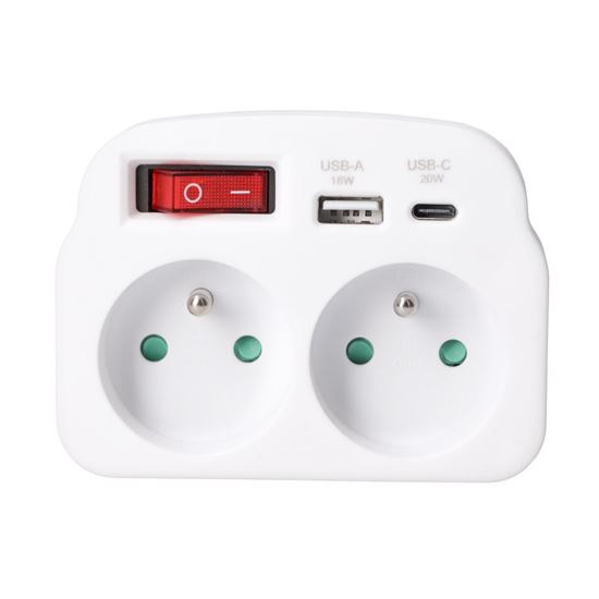 Solight rozbočovač 2 x 16A, USB A+C rychlonabíjačka 20W PD,