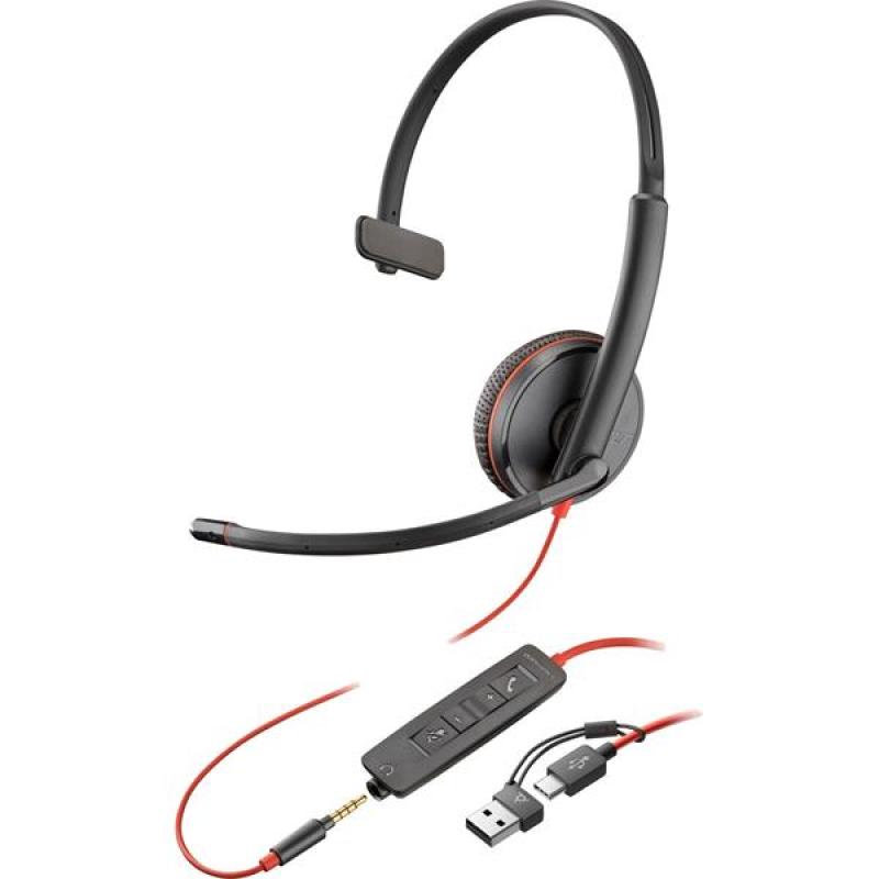 Poly Blackwire 3215 Monaural USB-C Headset +3.5mm Plug +USB-