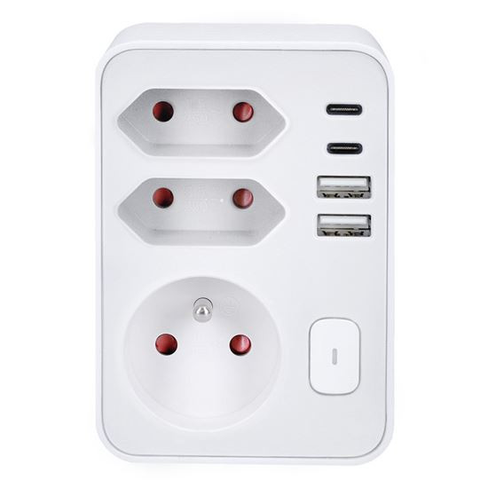 Solight rozbočovač, 1x 16A + 2x 2,5A, 2xUSB A+C, biely, vypí