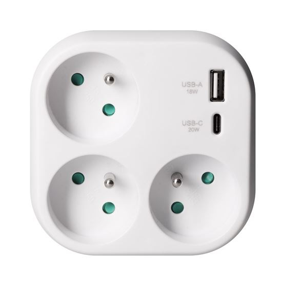 Solight rozbočovač 3x 16A, USB A+C rychlonabíjačka 20W PD, b